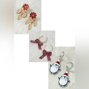 Christmas dangle earrings bundle 3 pairs Penguin hoop bow poinsettia Xmas NEW
